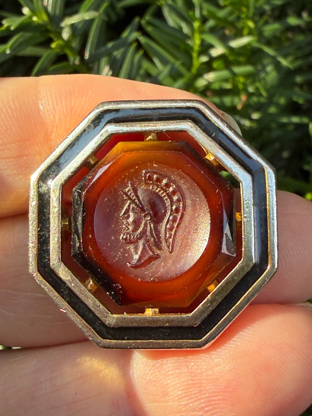 Vintage Jones New York Chocolate Brown Intaglio Glass Cameo Brooch Gold Tone